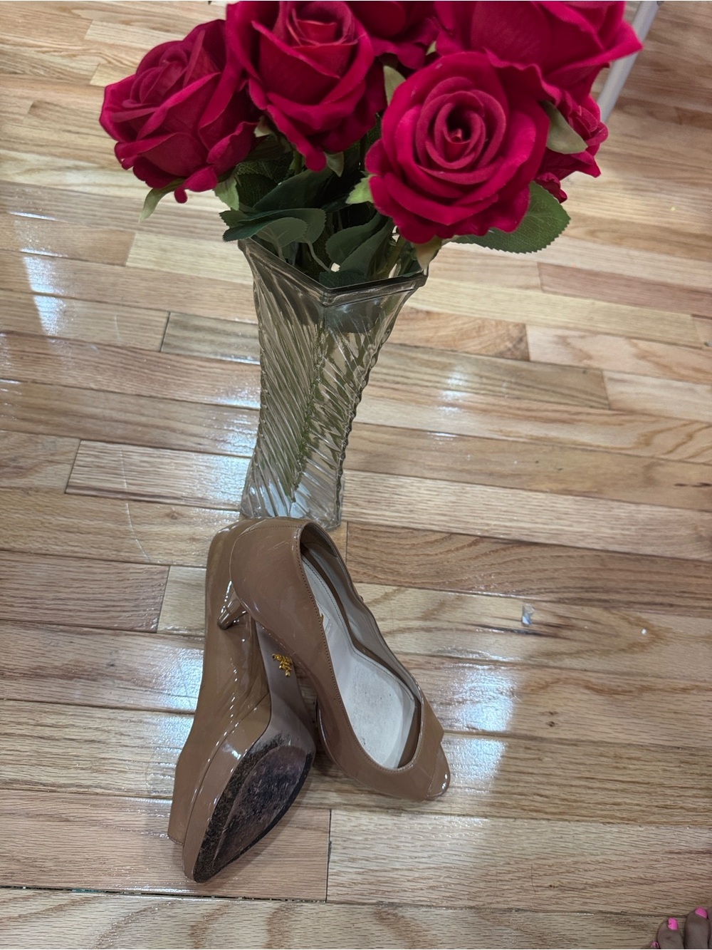 Prada Tan Patent Leather Peep-Toe Heels